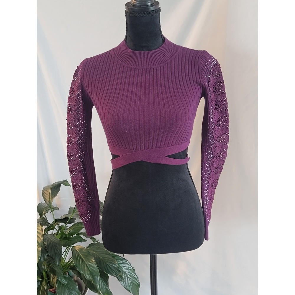 Sweet Rain Purple Ribbed Knit Crop Top Crochet Studded Lace Sleeve Mock Neck XS